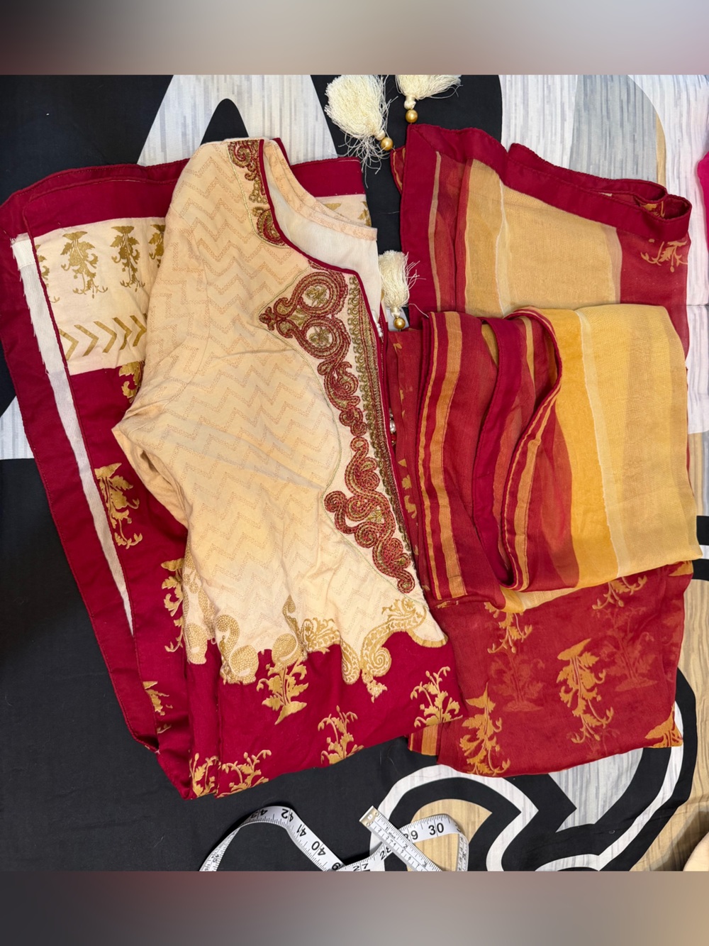 Elegant Red and Cream Women's Kurta and Duppata Set